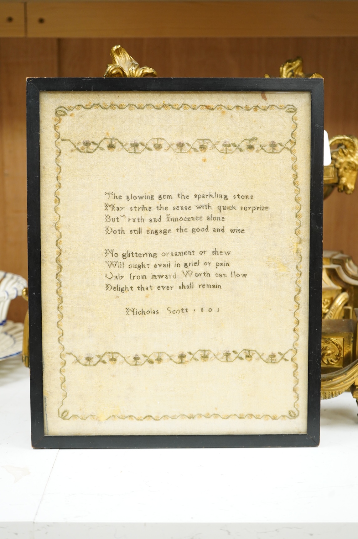 An unusual sampler by Nicholas Scott, dated 1801, framed, 31x24cm